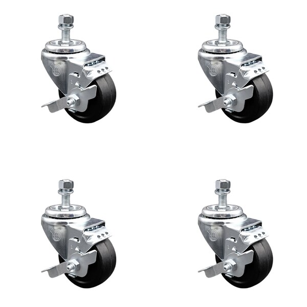 Service Caster 3.5 Inch SS Soft Rubber Wheel Swivel 1/2 Inch Threaded Stem Caster Set Brake SCC SCC-SSTS20S3514-SRS-TLB-121315-4 - main